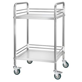 Stainless Steel Cart, 2-Tier Rolling Lab Utility Cart with Lockable Wheels, Medical Serving Trolley Clinic Tray